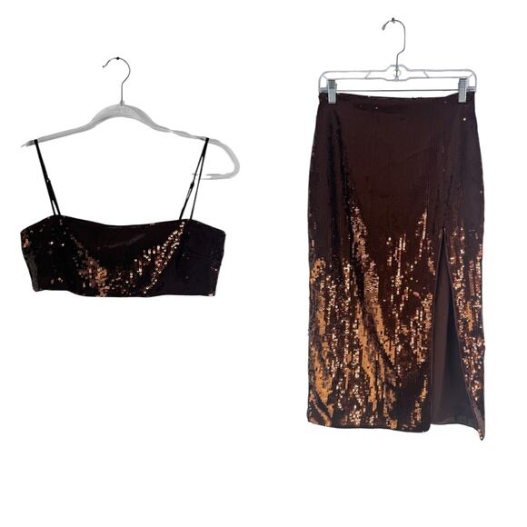 Camila Coelho Ava Crop Top Audrey Skirt Matching Set Sequin Chocolate Brown Sm S - Picture 2 of 12